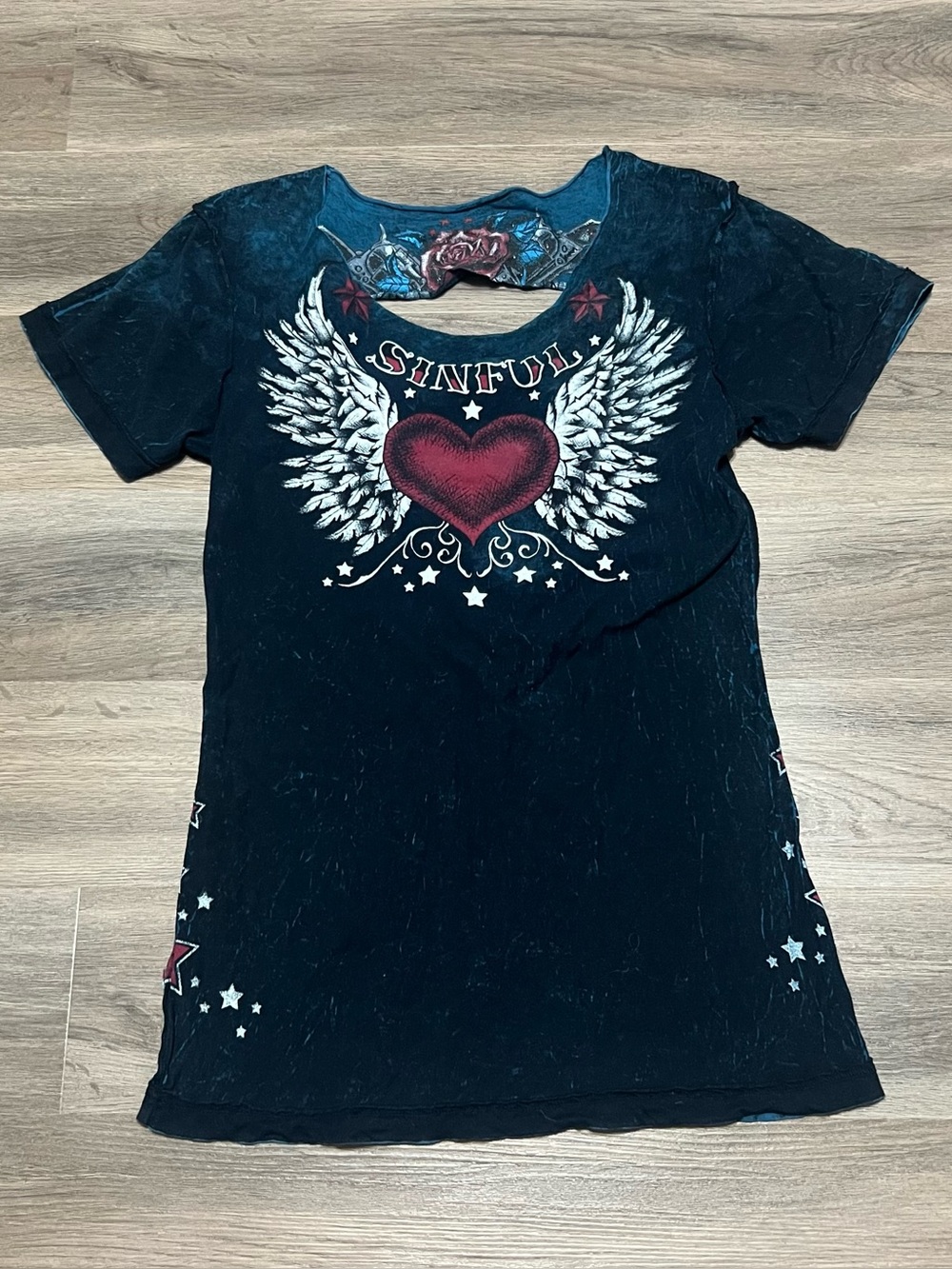 Sinful Affliction Large T Shirt Blue Black Reversible Cut Out Back Grunge Y2K
